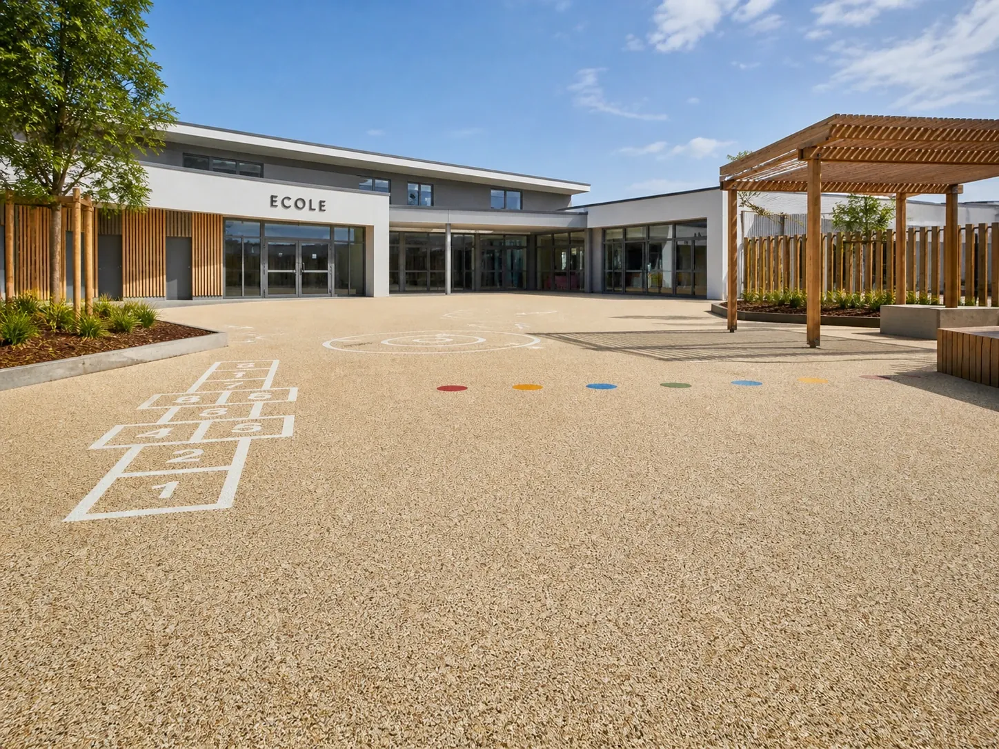 Cour d'école propre et entretenue devant le préau