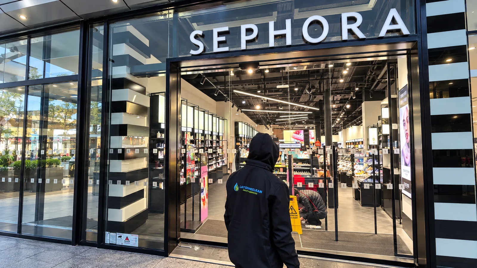 Agent LaToucheClean devant la vitrine d'un commerce à Montpellier